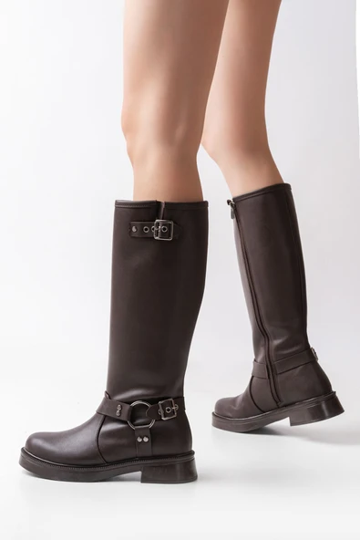 02-312 Kahverengi Toka Aksesuarlı Fermuarlı Günlük Kadın Çizme - Resim 2