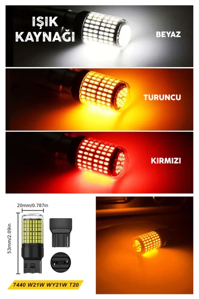 Oto LED Ampul 2'li Set - T20 Model 12V Beyaz, Turuncu, Fren, Park, Sinyal ve Geri Vites Lambası - Resim 6