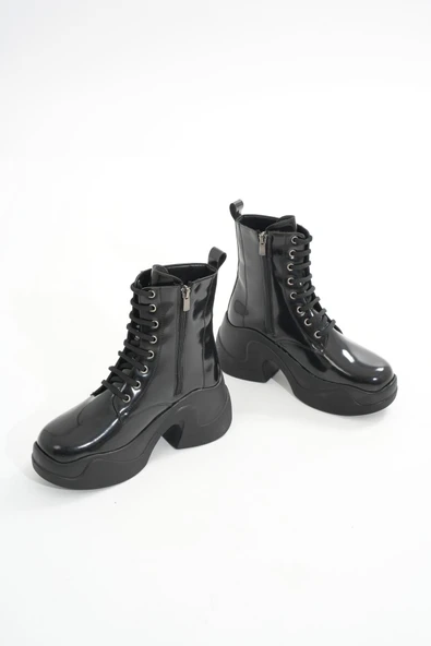 FZ-2550 Siyah Rugan Yüksek Tabanlı Bağcıklı Fermuarlı Günlük Kadın Bot - Resim 4