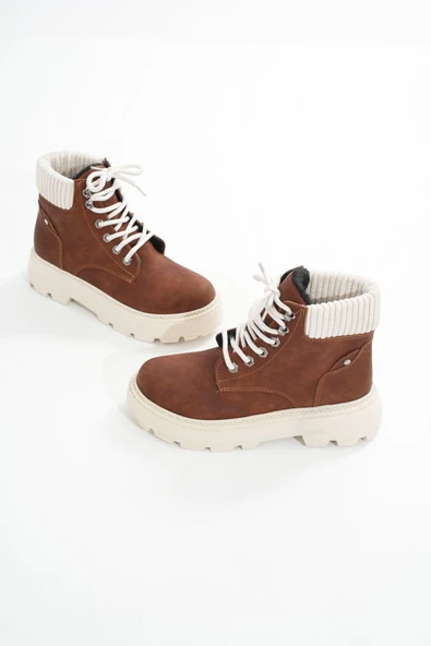 LMÇ-2045 Kahverengi Süet Bağcıklı Kalın Taban Kadın Günlük Bot - Resim 5