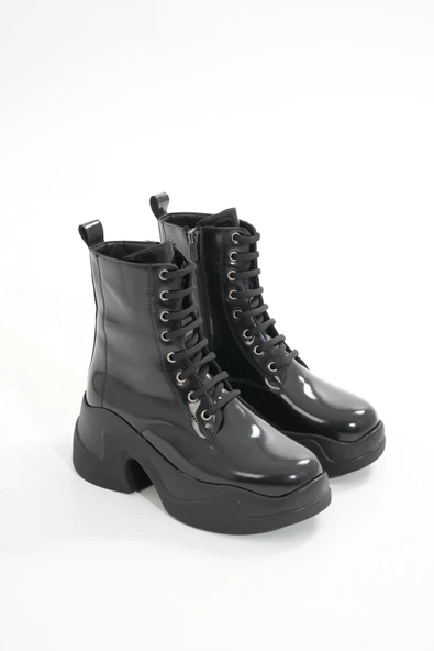 FZ-2550 Siyah Rugan Yüksek Tabanlı Bağcıklı Fermuarlı Günlük Kadın Bot - Resim 3