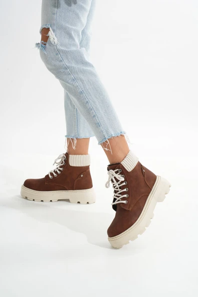 LMÇ-2045 Kahverengi Süet Bağcıklı Kalın Taban Kadın Günlük Bot - Resim 2