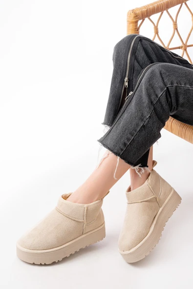 NDR-2850 Bej Süet İçi Kürklü Kışlık Kapalı Burun Kadın Günlük Terlik - Resim 2