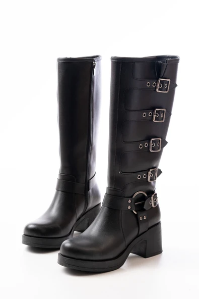 5109-3015 Siyah Topuklu Fermuarlı Toka Aksesuarlı Günlük Kadın Çizme - Resim 2