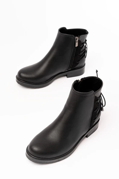 165-209 Siyah Arka Bağcık Aksesuarlı Fermuarlı Günlük Kadın Bot - 5