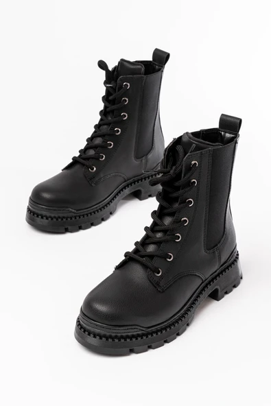 2051-298 Siyah Luna Düz Topuklu Bağcıklı Lastikli Günlük Kadın Bot - Resim 3