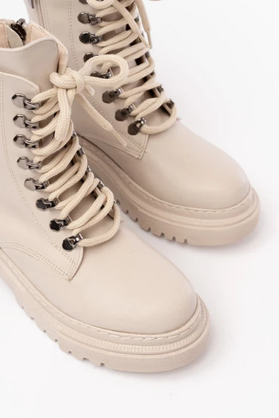 812-2121 Bej Bağcıklı Fermuarlı Günlük Kadın Bot - 4