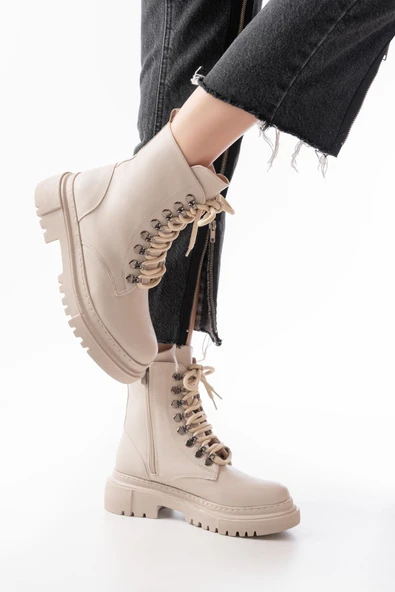 812-2121 Bej Bağcıklı Fermuarlı Günlük Kadın Bot - 2