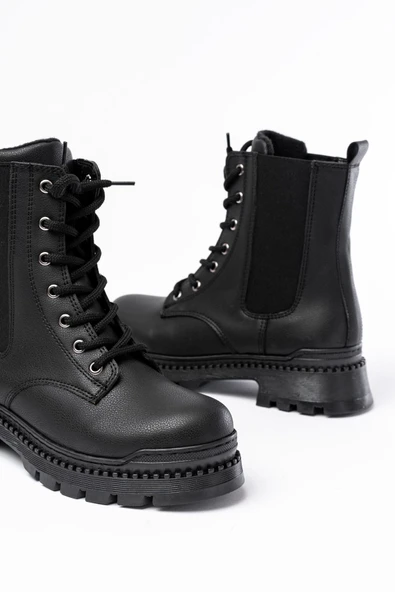 2051-298 Siyah Luna Düz Topuklu Bağcıklı Lastikli Günlük Kadın Bot - Resim 5