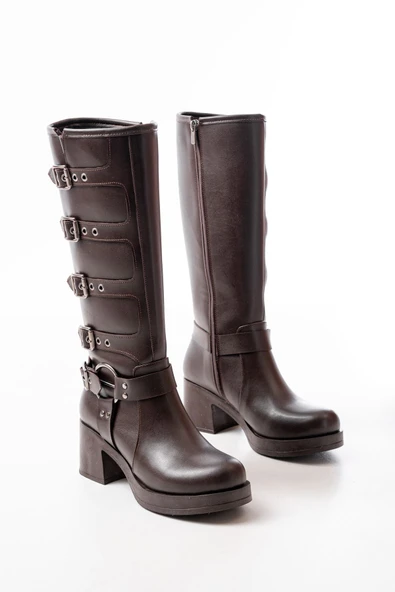 5109-3015 Kahverengi Topuklu Fermuarlı Toka Aksesuarlı Günlük Kadın Çizme - Resim 4