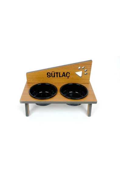 RealWood Suya Dayanıklı Ahşap Seramik Kaseli Özel İsim Baskılı Kedi-Köpek Mama ve Su Kabı Stantı - 3