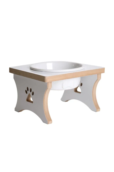 RealWood Köpek Su & Mama Kabı Standı - Büyük Irk - Beyaz MDF - Tekli Model - Beyaz Seramik Kase - 1000ml - 2