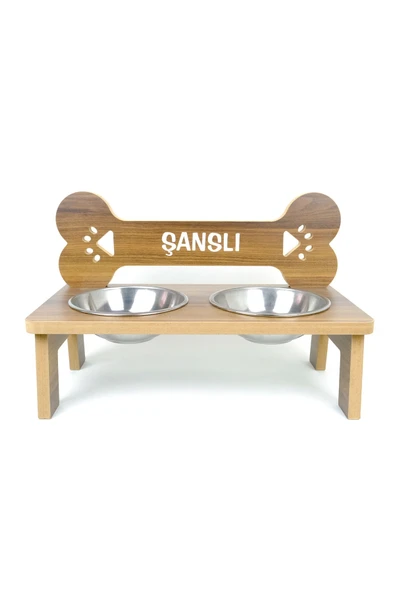 RealWood Ahşap, Çelik Kaseli, Özel Isim Baskılı Büyük Irk Köpek Mama Ve Su Kabı Stantı-2*1000 Ml. - 1
