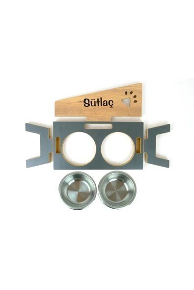 RealWood Özel Isim Baskılı, Ahşap, Çelik Kâseli Kedi- Köpek Mama Ve Su Kabı - 2*350 Ml. - 6