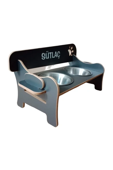 RealWood Özel İsimli, Ahşap, Kademeli, Eğimli, Çelik Kaseli, Kedi-Köpek Mama Ve Su Kabı Stantı -2*350 ml ürün görseli 1