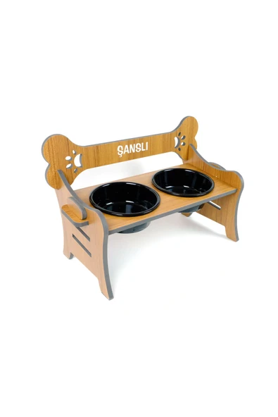 RealWood Suya Dayanıklı Ahşap Özel İsim Baskılı Seramik Kaseli Kademeli Köpek Mama ve Su Kabı Stantı - Resim 4