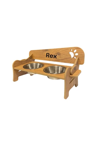 RealWood Özel Isim Baskılı, Ahşap, Kademeli, Eğimli, Çelik Kaseli, Kedi-köpek Mama Ve Su Kabı Stantı - Resim 3