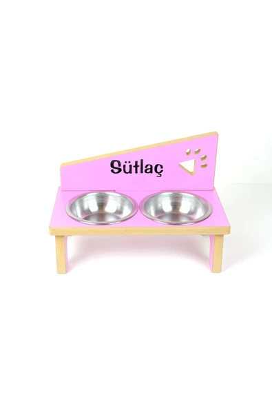 RealWood Ahşap Çelik Kâseli Özel Isim Baskılı Kedi- Küçük Irk Köpek Mama Ve Su Kabı-pembe-2*350 Ml. - 2
