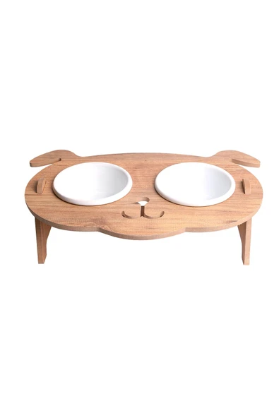 RealWood Köpek Su Ve Mama Kabı Standı - Ahşap Mdf - Eğimli Köpek Kafa Modeli-2'li-beyaz Seramik Kase-2*400ml - 4
