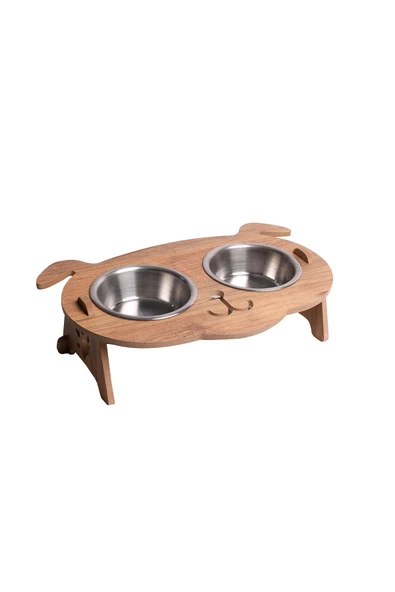 RealWood Köpek Su Ve Mama Kabı Standı - Ahşap Mdf - Eğimli Köpek Modeli - 2'li - Çelik Kase - 2*350ml - 3