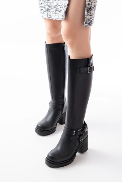 767-3005 Siyah Toka Aksesuarlı Fermuarlı Günlük Kalın Topuklu Kadın Bot - Resim 5