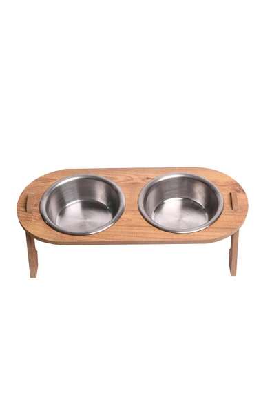 RealWood Kedi & Köpek Su Ve Mama Kabı Standı - Ahşap Mdf - Eğimli Ikili Oval Model-çelik Kase-2*350ml - 3