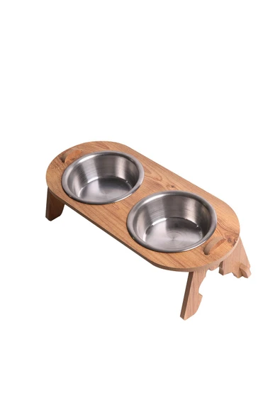 RealWood Kedi & Köpek Su Ve Mama Kabı Standı - Ahşap Mdf - Eğimli Ikili Oval Model-çelik Kase-2*350ml