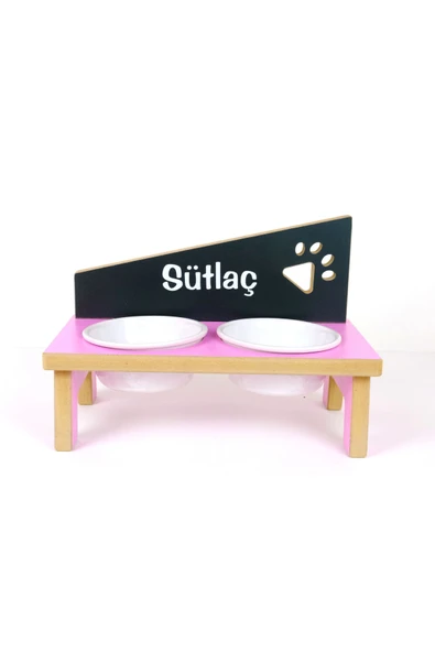 RealWood Özel Isimli Seramik Kaseli Kedi- Köpek Mama Ve Su Kabı Stantı-pembe/antrasit - 2*400 Ml. - Resim 2