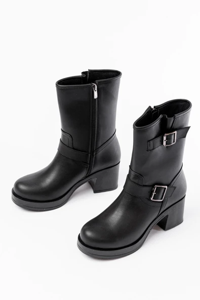 5109-3043 Siyah Toka Aksesuarlı Fermuarlı Kalın Topuklu Günlük Kadın Bot - Resim 5