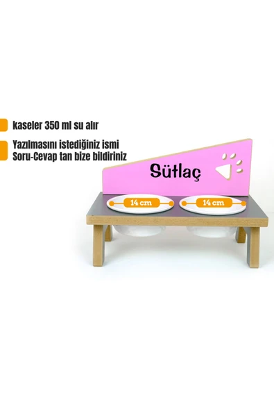 RealWood Özel Isimli, Ahşap, Seramik Kaseli, Kedi- Köpek Mama Ve Su Kabı Stantı-antrasit/pembe - 2*400 Ml. - 1