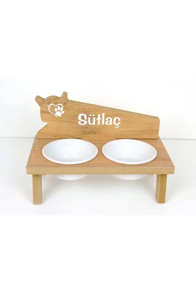 RealWood Seramik Kaseli, Özel İsimli, Ahşap Kedi-Köpek Mama ve Su Kabı Stantı-2*400 ml. - 1