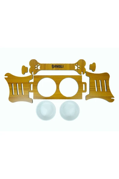 RealWood Suya Dayanıklı Ahşap Özel İsim Baskılı Seramik Kaseli Kademeli Köpek Mama ve Su Kabı Stantı - 5