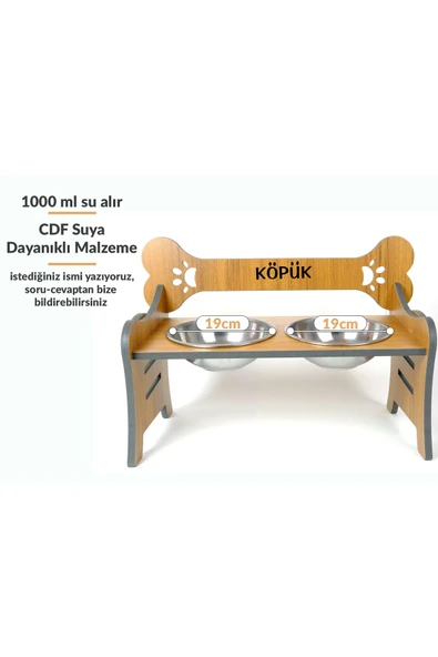 RealWood Suya Dayanıklı Ahşap Özel İsim Baskılı Çelik Kaseli Kademeli Köpek Mama ve Su Kabı Stantı - 1