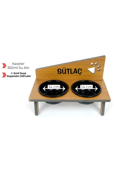 RealWood Suya Dayanıklı Ahşap Seramik Kaseli Özel İsim Baskılı Kedi-Köpek Mama ve Su Kabı Stantı - 1