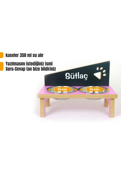 RealWood Kedi & Köpek Mama Kabı Standı-isim Baskılı-ahşap Mdf-pembe-antrasit-pençe Mod-Çelik Kase-2*400ml - 3