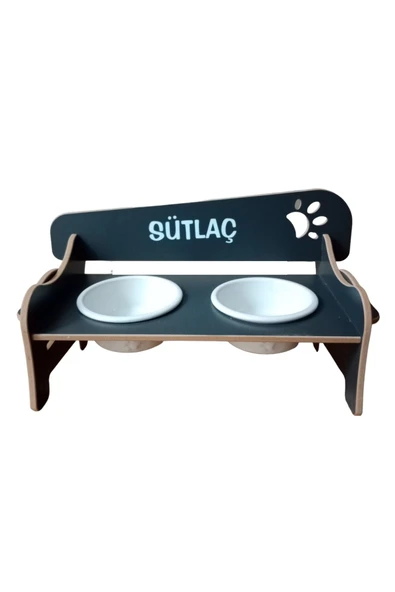 RealWood Özel İsimli, Seramik Kaseli, Kademeli, Eğimli Ahşap Kedi-Köpek Mama Ve Su Kabı Stantı-2*400 ml ürün görseli 1