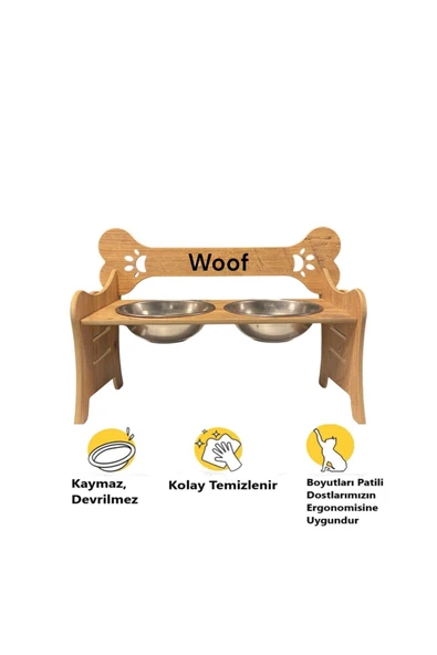 RealWood Özel İsim Baskılı, Ahşap, Kademeli, Çelik Kaseli, Eğimli, Büyük Irk Köpek Mama - Su Kabı-2*1000 Ml. - 3