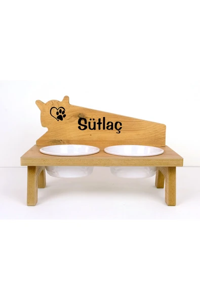 RealWood Seramik Kaseli, Özel İsimli, Ahşap Kedi-Köpek Mama ve Su Kabı Stantı-2*400 ml. - Resim 2