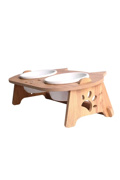 RealWood Kedi Su Ve Mama Kabı Standı - Ahşap Mdf - Eğimli Kedi Kafa Modeli-2'li-seramik Beyaz Kase-2*400ml - 3