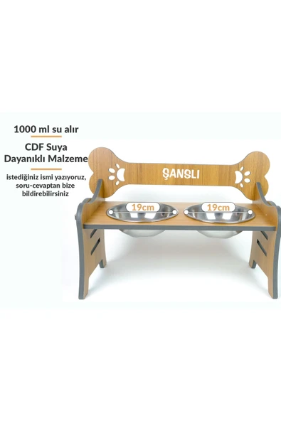 RealWood Suya Dayanıklı Ahşap Özel İsim Baskılı Çelik Kaseli Kademeli Köpek Mama ve Su Kabı Stantı - 1