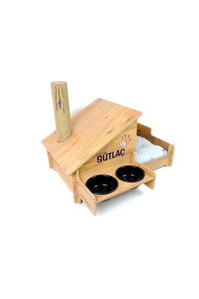 RealWood Çok Amaçlı Kedi Evi - Özel Isim Baskılı - Ahşap Mdf - Siyah Seramik Kase 2*400 - Tırmalama Çubuklu - 6