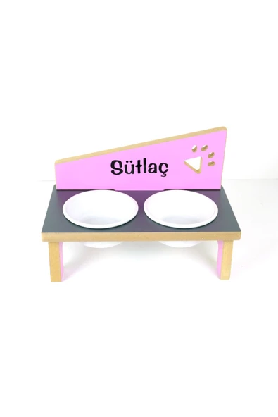 RealWood Özel İsimli Seramik Kaseli, Ahşap, Kedi- Köpek Mama Ve Su Kabı Stantı-Pembe-Antrasit-Pembe/2*400 ml. - 1