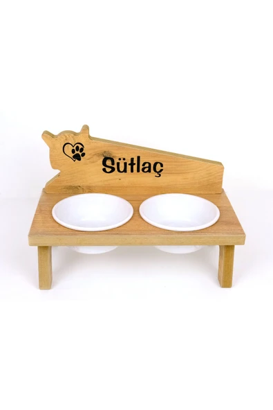RealWood Seramik Kaseli, Özel İsimli, Ahşap Kedi-Köpek Mama ve Su Kabı Stantı-2*400 ml. ürün görseli 1