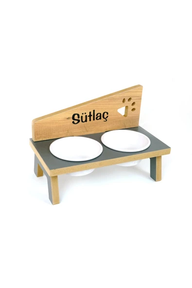 RealWood Özel Isimli Seramik Kaseli Kedi- Köpek Mama Ve Su Kabı Stantı-antrasit/meşe - 2*400 Ml. - 4