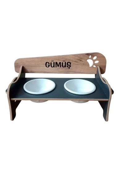 RealWood Özel İsimli Seramik Kaseli Ahşap Kedi-Köpek Mama ve Su Kabı Stantı - 1