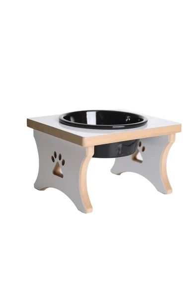 RealWood Köpek Su & Mama Kabı Standı - Büyük Irk - Beyaz MDF - Tekli Model - Siyah Seramik Kase - 1000ml - 1