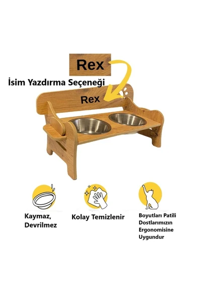 RealWood Özel Isim Baskılı, Ahşap, Kademeli, Eğimli, Çelik Kaseli, Kedi-köpek Mama Ve Su Kabı Stantı ürün görseli 1