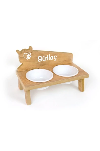 RealWood Seramik Kaseli, Özel İsimli, Ahşap Kedi-Köpek Mama ve Su Kabı Stantı-2*400 ml. - 2