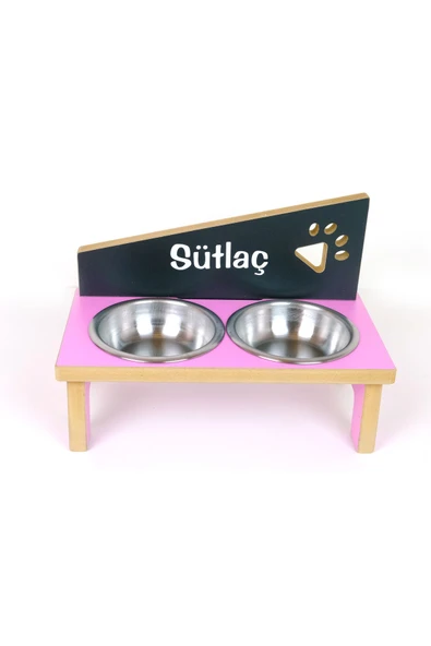RealWood Kedi & Köpek Mama Kabı Standı-isim Baskılı-ahşap Mdf-pembe-antrasit-pençe Mod-Çelik Kase-2*400ml - 4