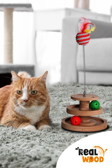 RealWood Ahşap - Kedi Oyuncağı - Çok Amaçlı Kullanım ( Çıngıraklı ve Yaylı Top İçermektedir ) - 2